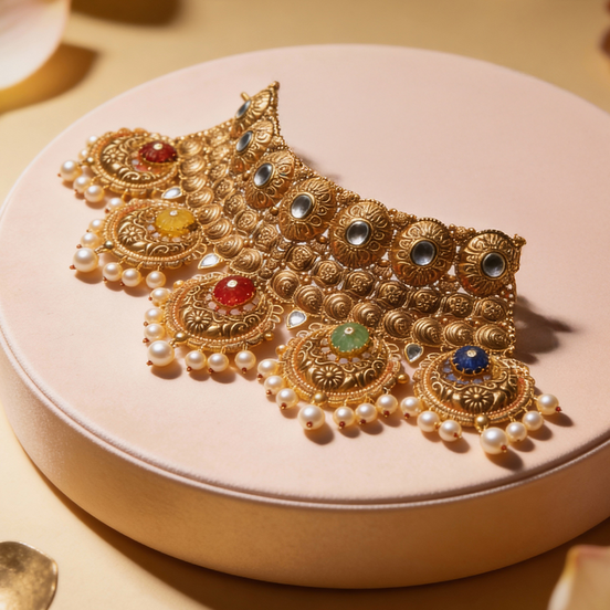 Navratna Noor Temple Gold Necklace Set