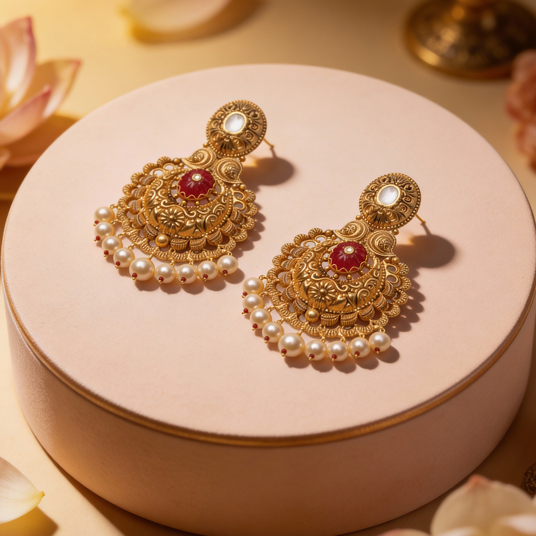 Navratna Noor Temple Gold Necklace Set