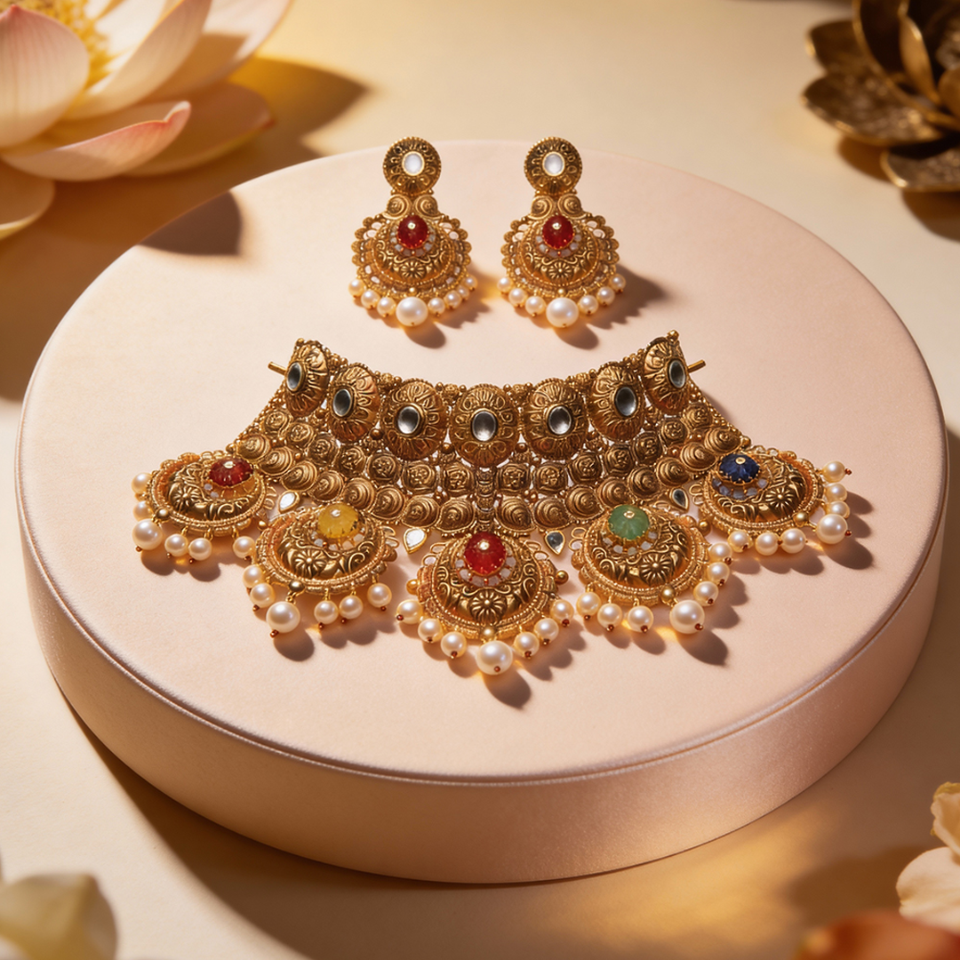 Navratna Noor Temple Gold Necklace Set