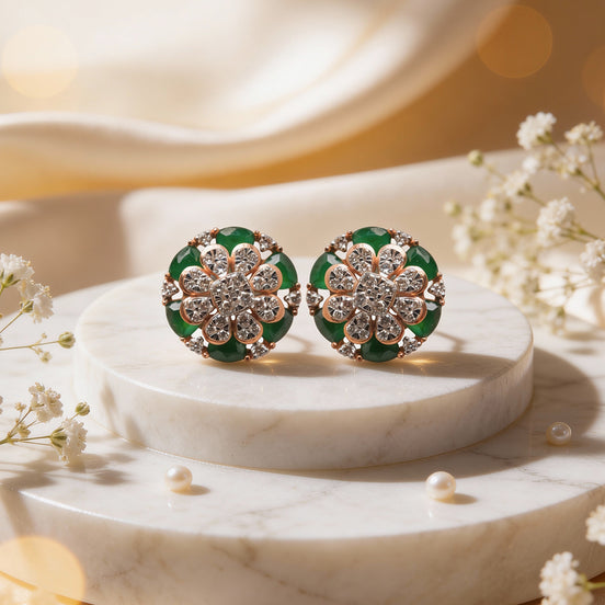 Luxe Emerald Blossom Diamond Stud Earrings
