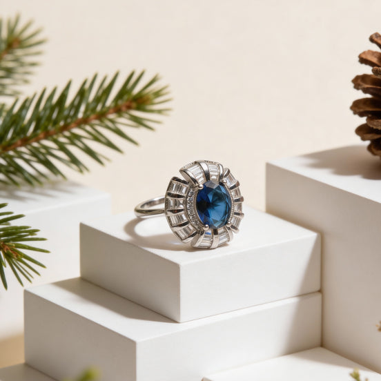 Siora Blue Halo Silver Ring