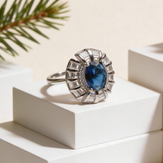 Siora Blue Halo Silver Ring