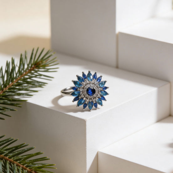 Siora Floral Blue Silver Ring