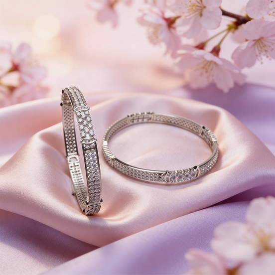 Siora Classic Grid Silver Bangles (Pair)