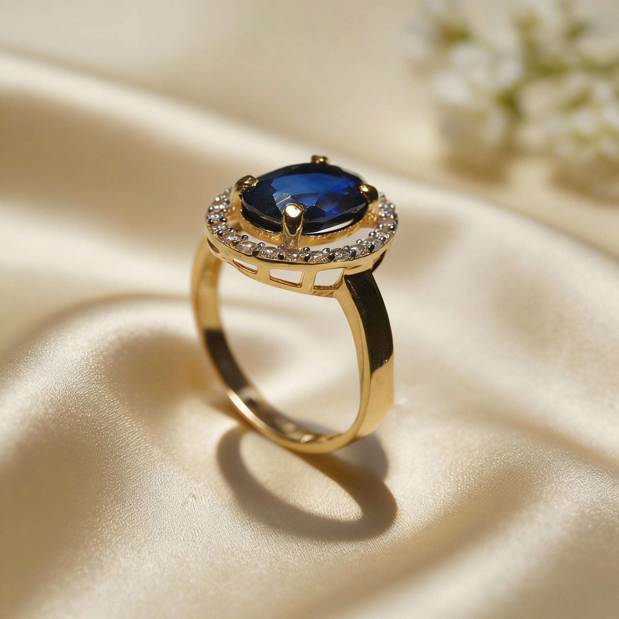 Midnight Sapphire Halo Gold Ring