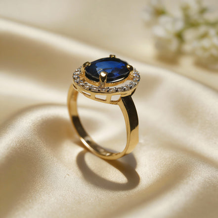 Midnight Sapphire Halo Gold Ring