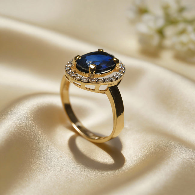 Midnight Sapphire Halo Gold Ring