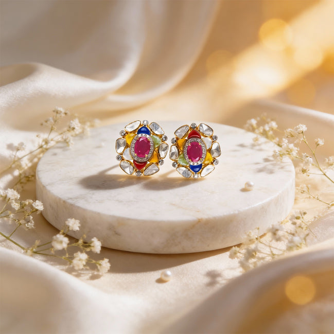 Luxe Navratna Polki Diamond Stud Earrings