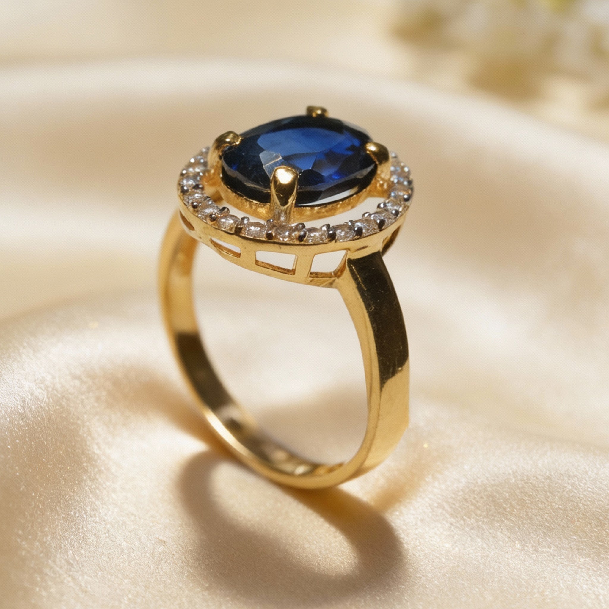 Midnight Sapphire Halo Gold Ring