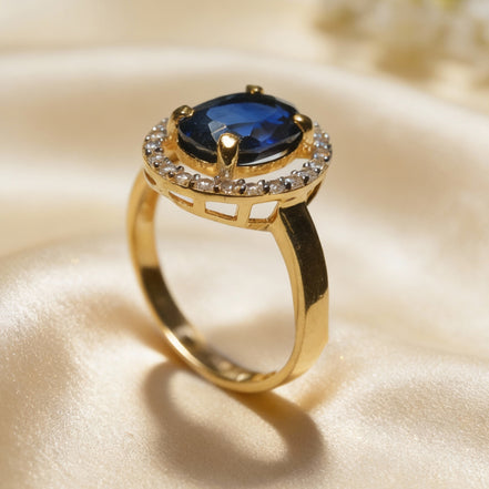 Midnight Sapphire Halo Gold Ring