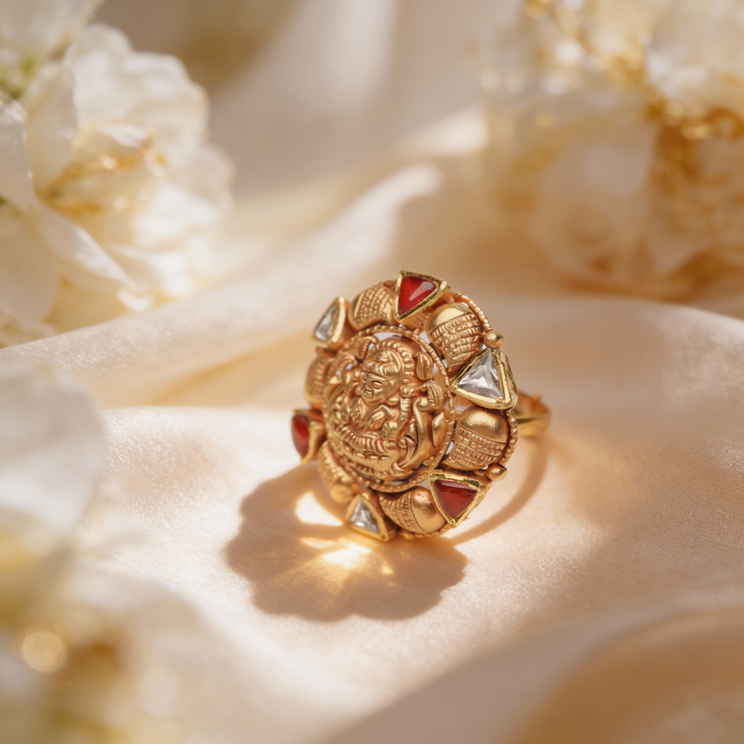 Aaradhya Temple Gold Cocktail Ring