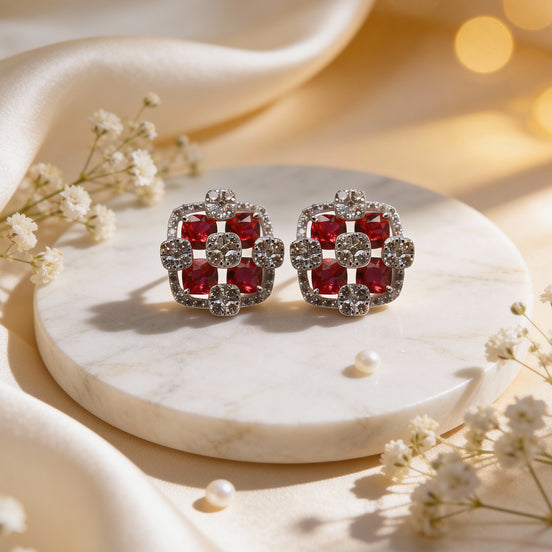 Luxe Ruby Mosaic Diamond Stud Earrings
