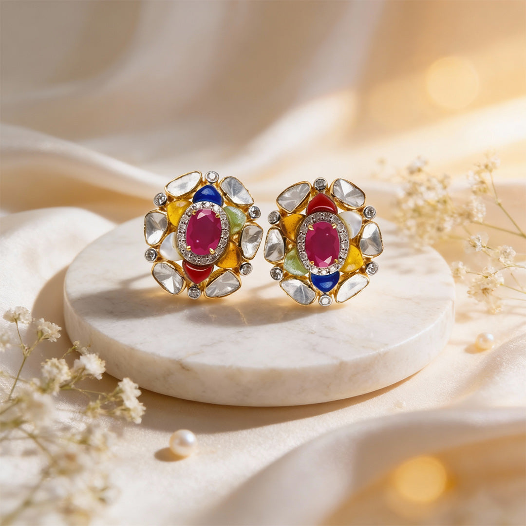 Luxe Navratna Polki Diamond Stud Earrings