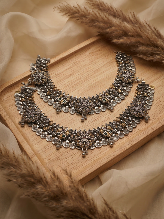 Siora Vintage Coin Charm Silver Anklet