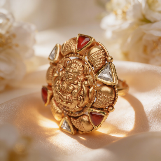 Aaradhya Temple Gold Cocktail Ring