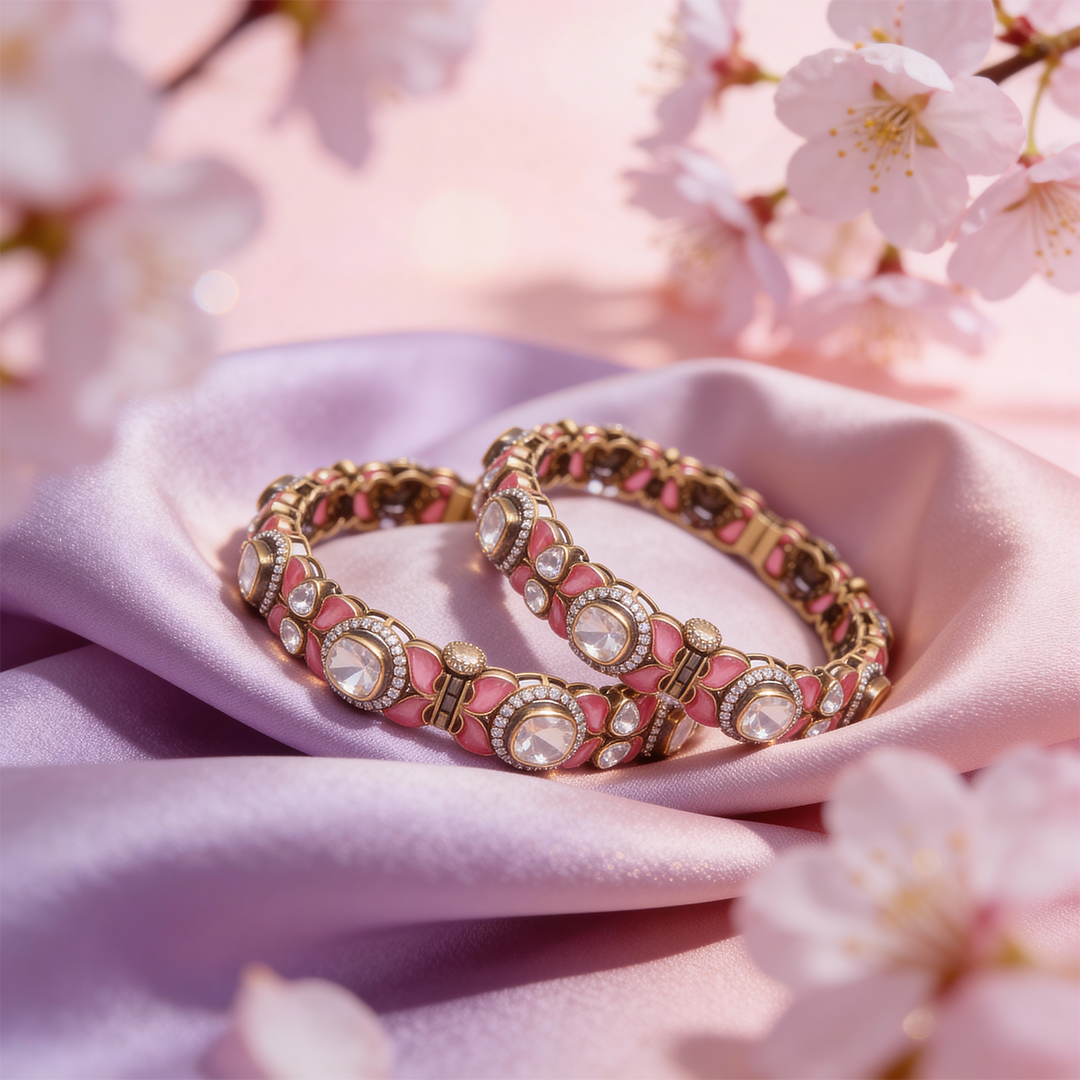Siora Blush Kundan Link Silver Bangles