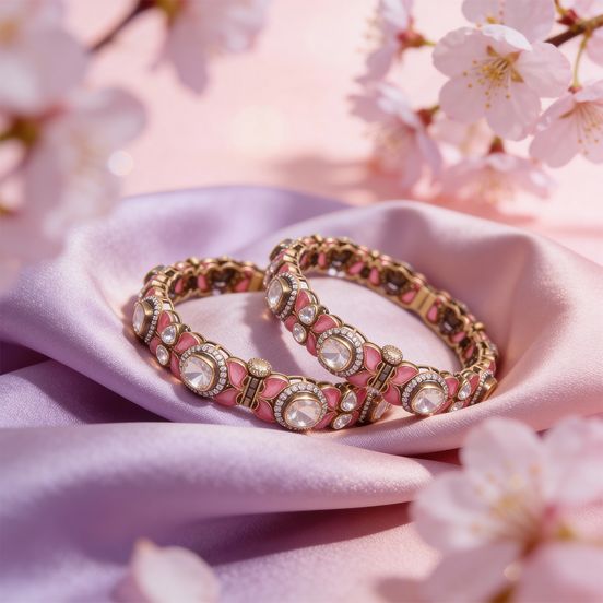 Siora Blush Kundan Link Silver Bangles