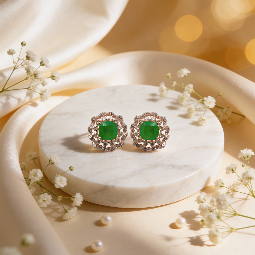 Luxe Emerald Regal Halo Diamond Stud Earrings