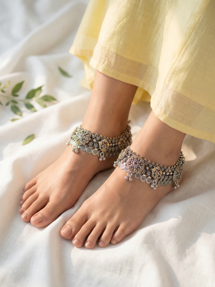 Siora Vintage Coin Charm Silver Anklet
