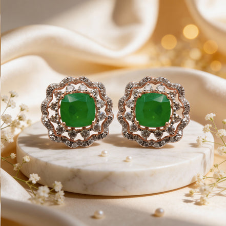 Luxe Emerald Regal Halo Diamond Stud Earrings