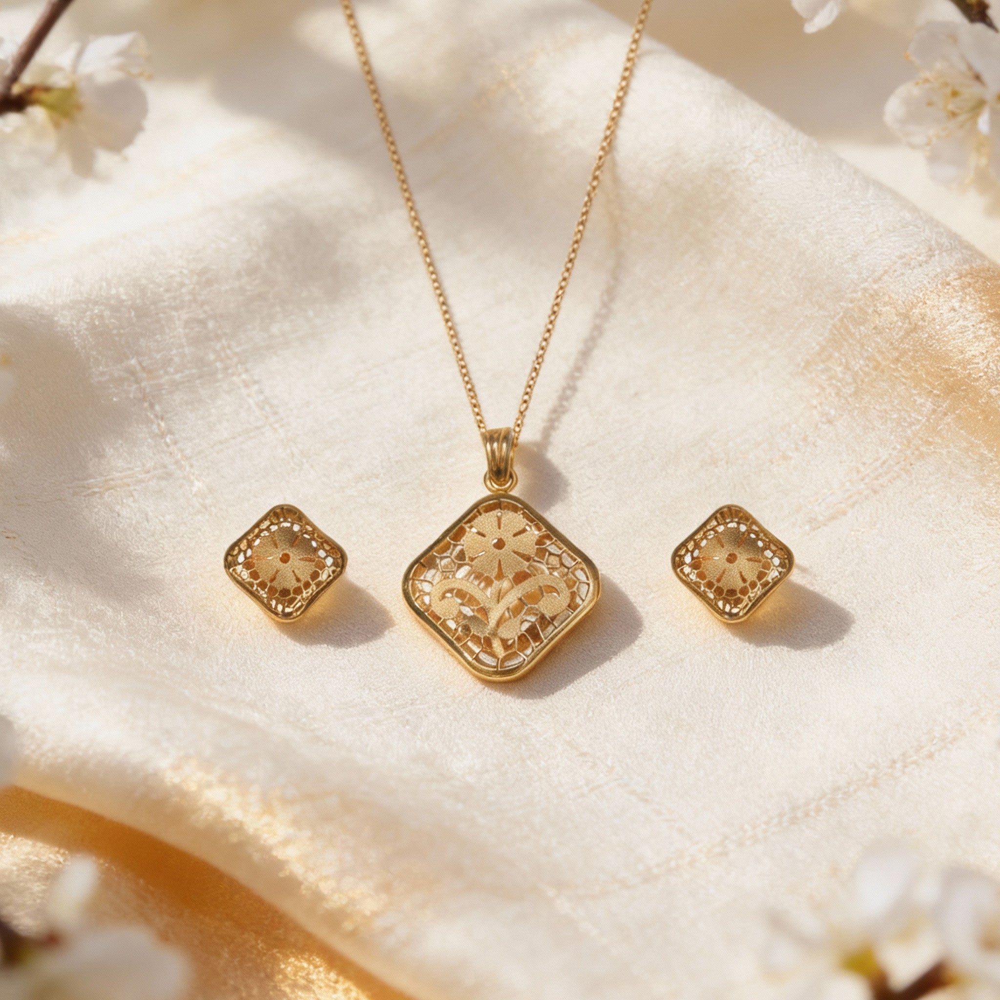 RSJ Ziya Floral Cutwork Gold Pendant Set