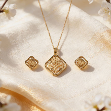RSJ Ziya Floral Cutwork Gold Pendant Set