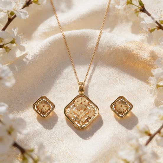 RSJ Ziya Floral Cutwork Gold Pendant Set