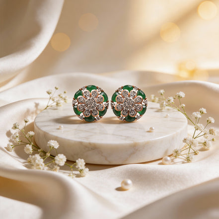Luxe Emerald Blossom Diamond Stud Earrings