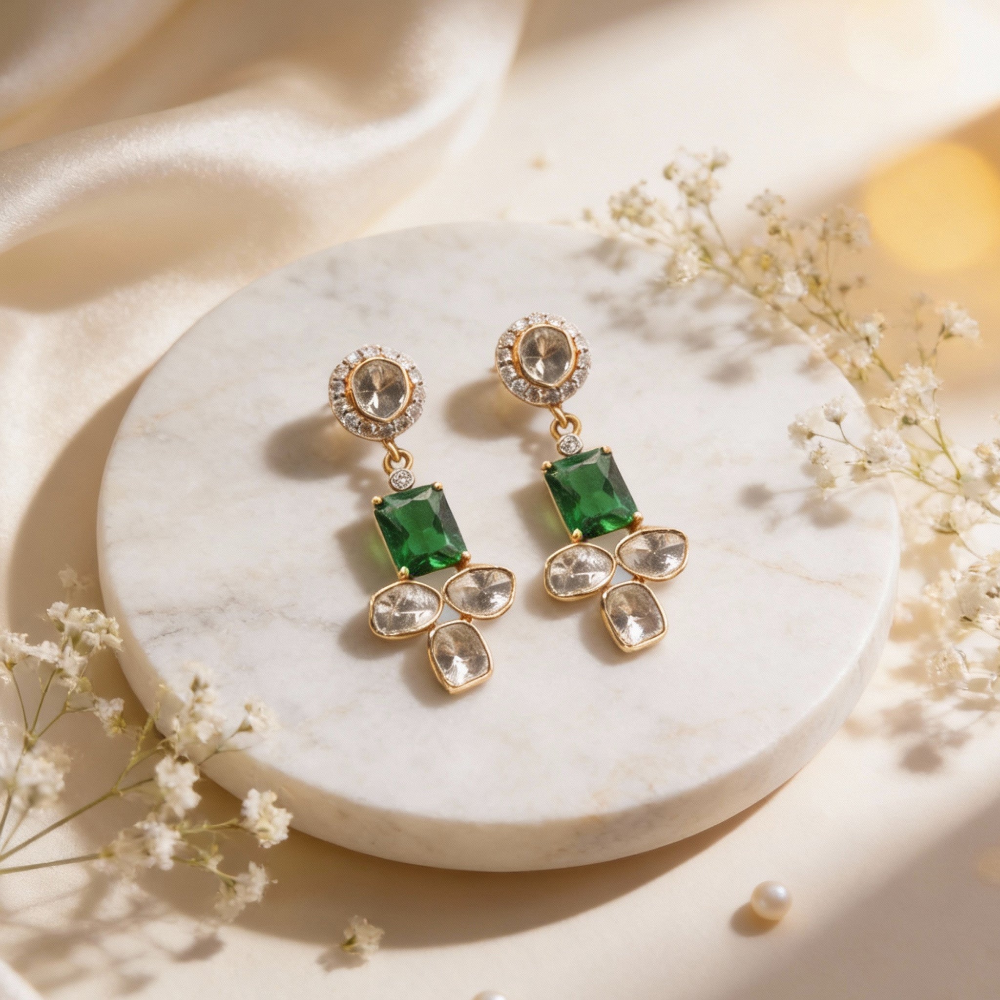 Luxe Emerald Crossline Diamond Drop Earrings