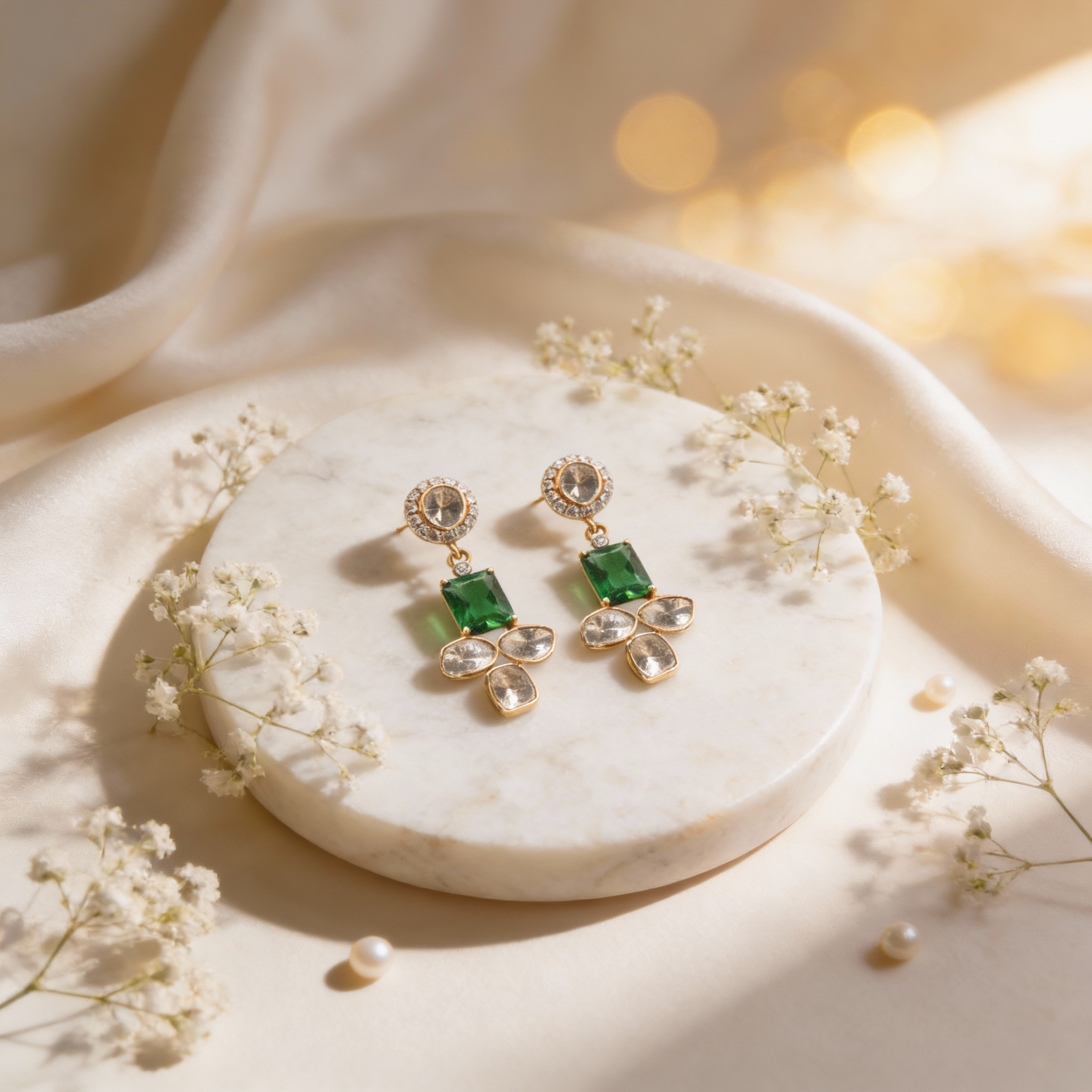 Luxe Emerald Crossline Diamond Drop Earrings