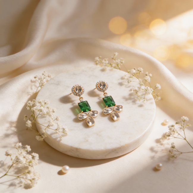 Luxe Emerald Crossline Diamond Drop Earrings