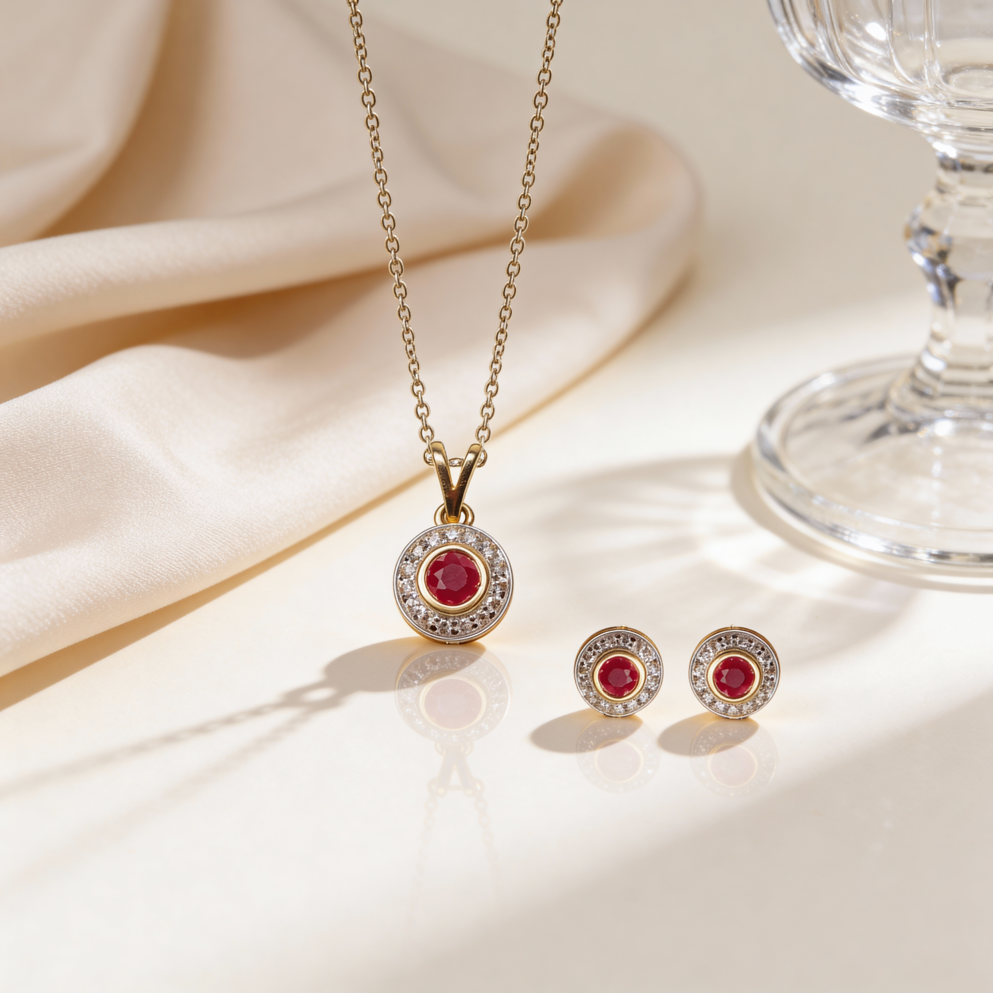 Bella Ruby Halo Pendant Set